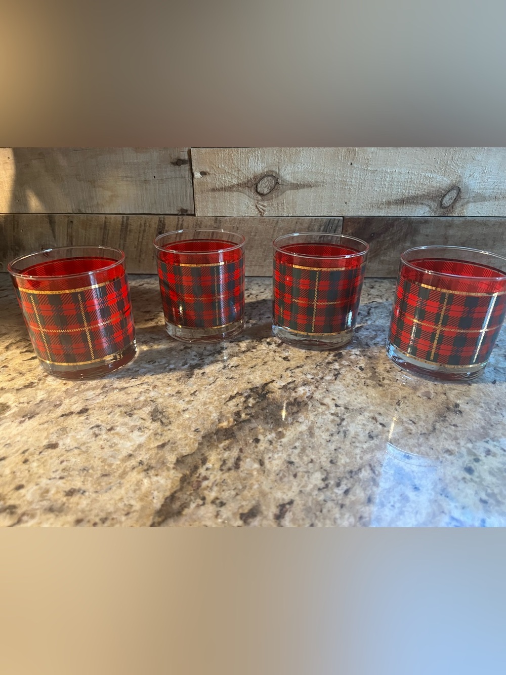 Scottish Plaid Tartan Whiskey / Rocks Glasses (red, green, gold) - Set of 4